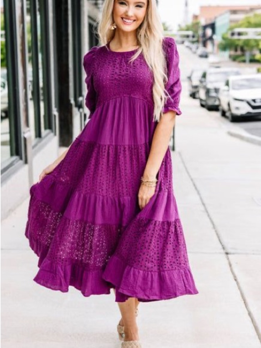 &merci Purple Tiered Puff Sleeve Eyelet Midi Dress Size Large